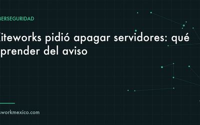 Servidores apagados en un rack con una consola que muestra un aviso de mantenimiento preventivo