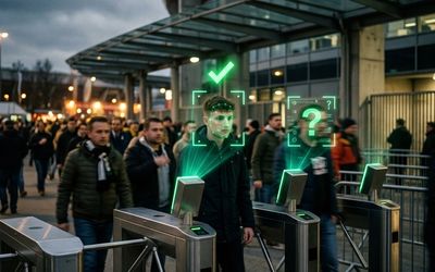 Acceso a un estadio con reconocimiento facial y biometría marcando rostros con retículas de luz