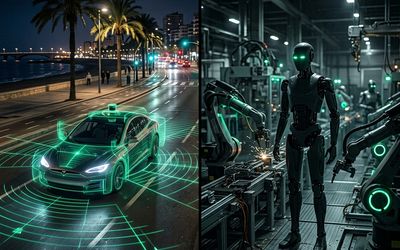 Robotaxi autónomo circulando de noche junto a un robot humanoide en una línea de producción