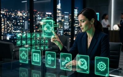 Términos técnicos de inteligencia artificial flotando como tarjetas holográficas ordenadas sobre un escritorio de oficina nocturno