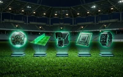 Colección de tecnologías del futbol moderno: balón conectado, línea semiautomática y sensores en cancha