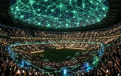 Estadio lleno conectado por antenas 5G y nodos de edge computing procesando datos en el lugar