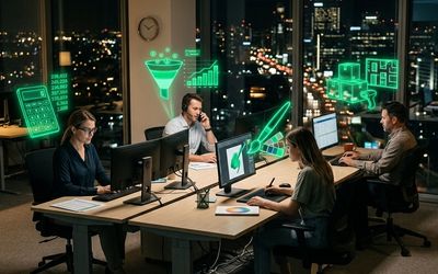 Empleados de distintas áreas trabajando cada uno con su asistente de IA personal holográfico