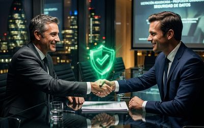 Apretón de manos de negocios cerrado gracias a un sello de empresa segura brillando sobre el contrato