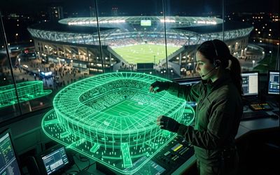 Gemelo digital holográfico de un estadio simulando multitudes y energía junto a su versión real