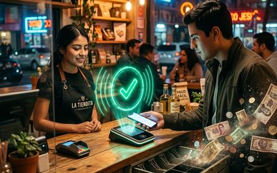 Cliente pagando sin efectivo con el teléfono en un negocio mexicano modernizado