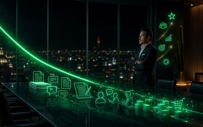 Gráfica descendente de costos de inteligencia artificial proyectada sobre una mesa de juntas en una oficina nocturna