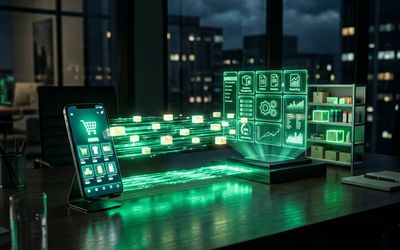 Puente de datos conectando una tienda en línea con el sistema ERP y el almacén de una empresa
