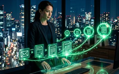 Tablero holográfico donde distintas tareas de una empresa se dirigen hacia modelos de inteligencia artificial de distinto tamaño