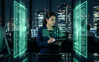 Dos respuestas de inteligencia artificial enfrentadas en pantallas holográficas mientras una analista las califica con una rúbrica