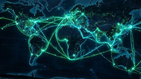 Ilustración de distribución y mayoreo con rutas de entrega e inventario en tiempo real