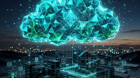 Ilustración de servicios cloud con AWS, Azure e infraestructura híbrida