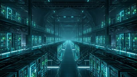 Ilustración de infraestructura IT empresarial con servidores y virtualización