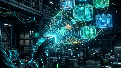 Ilustración conceptual de rastreo de inventario por radiofrecuencia con RFID