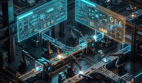Ilustración de transformación digital con ERP y WMS en una planta de manufactura