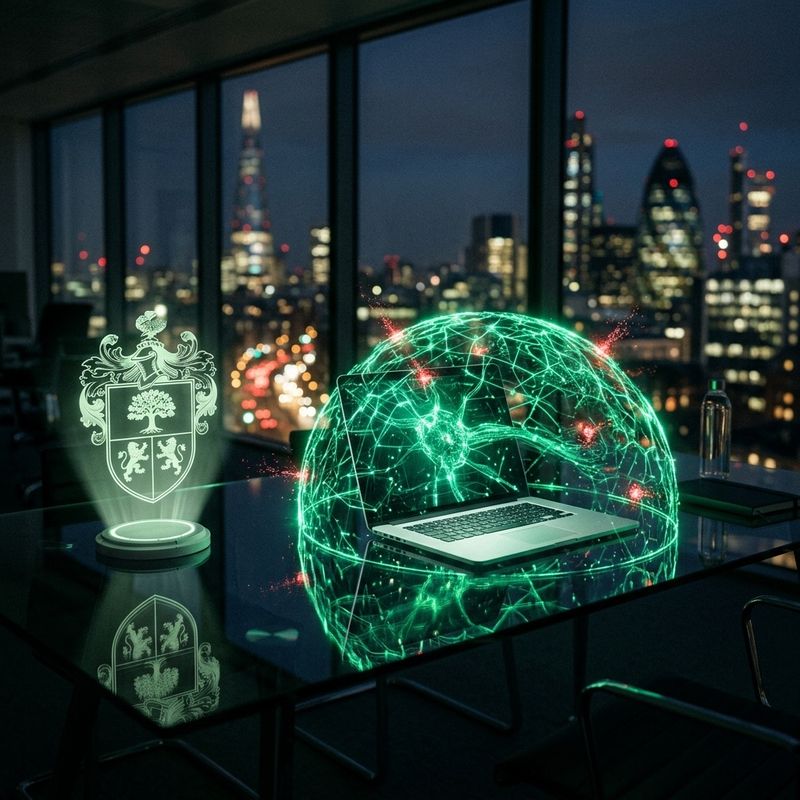 Escudo tradicional frente a una red neuronal de seguridad con IA protegiendo una oficina