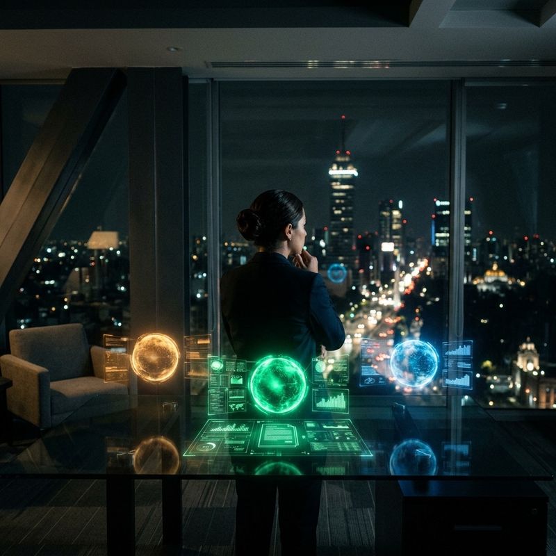 Empresaria evaluando tres asistentes de inteligencia artificial representados como hologramas