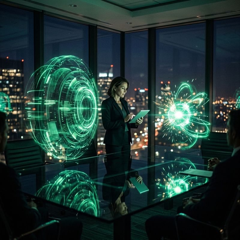 Dos modelos de inteligencia artificial enfrentados como orbes holográficos, uno imponente y otro compacto y luminoso, sobre una mesa de juntas