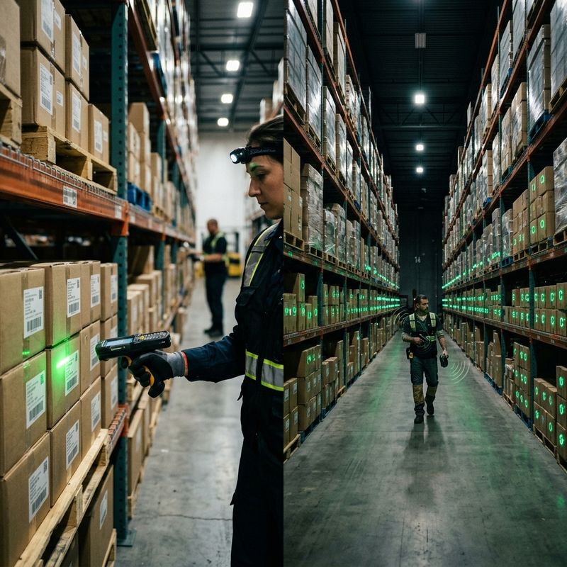 Etiqueta de código de barras frente a etiqueta RFID leyéndose a distancia en un almacén