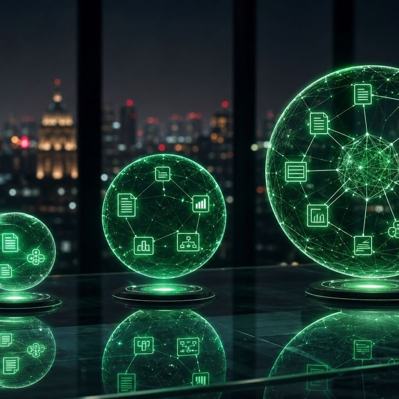 Tres niveles de inteligencia artificial representados como esferas de distinto tamaño y brillo alineadas sobre un escritorio nocturno