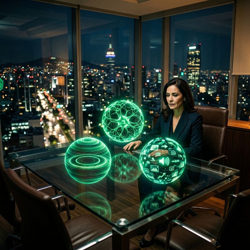 Tres modelos de inteligencia artificial representados como esferas de energía enfrentadas sobre una mesa de juntas de vidrio