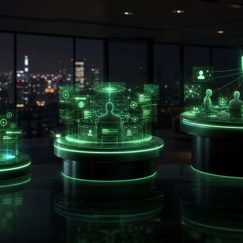 Tres planes de suscripción representados como niveles holográficos ascendentes sobre un escritorio corporativo nocturno