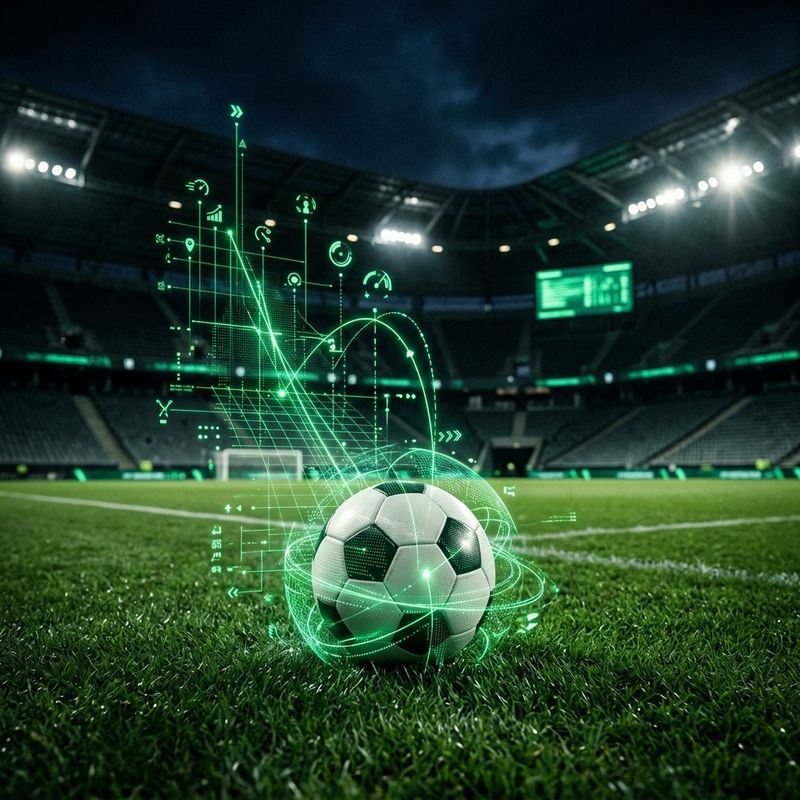 Balón de futbol conectado con datos holográficos sobre un estadio nocturno de alta tecnología