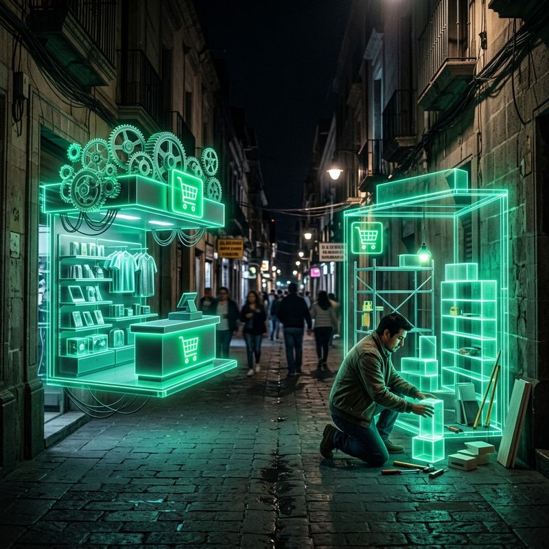 Dos escaparates digitales enfrentados representando Shopify y WooCommerce para vender en México