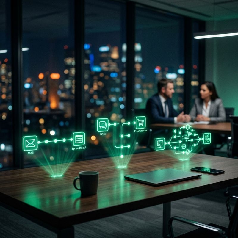 Tres flujos de automatización holográficos conectando aplicaciones de negocio sin código