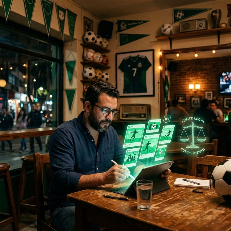 Dueño de negocio planeando una campaña de futbol en su tienda con elementos digitales y una balanza legal