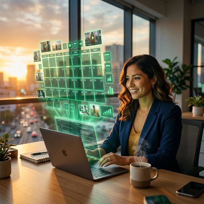 Emprendedora generando un mes de contenido para redes sociales con ayuda de IA en una tarde