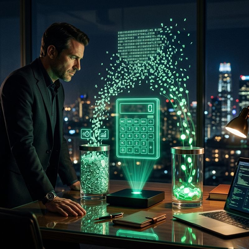 Calculadora holográfica midiendo el costo de tokens de inteligencia artificial sobre un escritorio de oficina nocturno