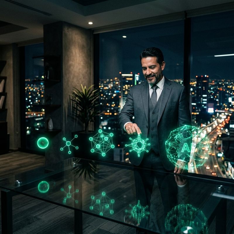Empresario eligiendo entre varias herramientas de IA holográficas de distintos tamaños