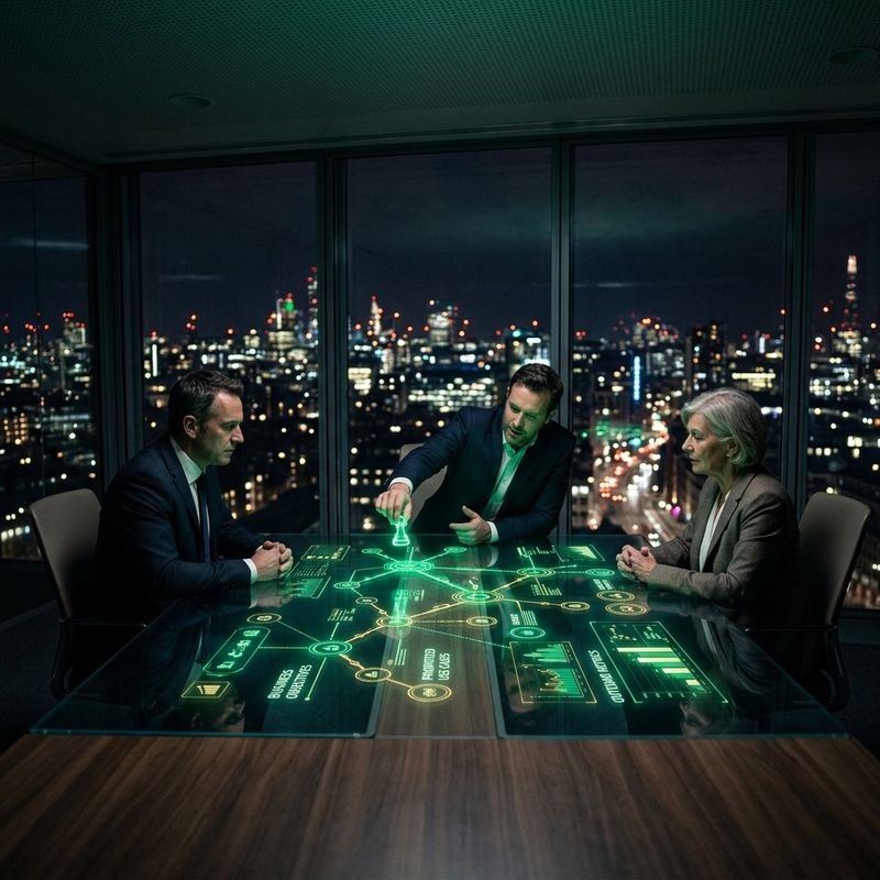 Directivos trazando una estrategia de IA sobre una mesa con mapa holográfico de objetivos