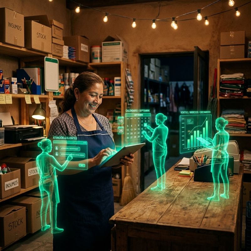 Dueña de una pequeña empresa automatizando su negocio con IA desde una tableta, sin equipo técnico