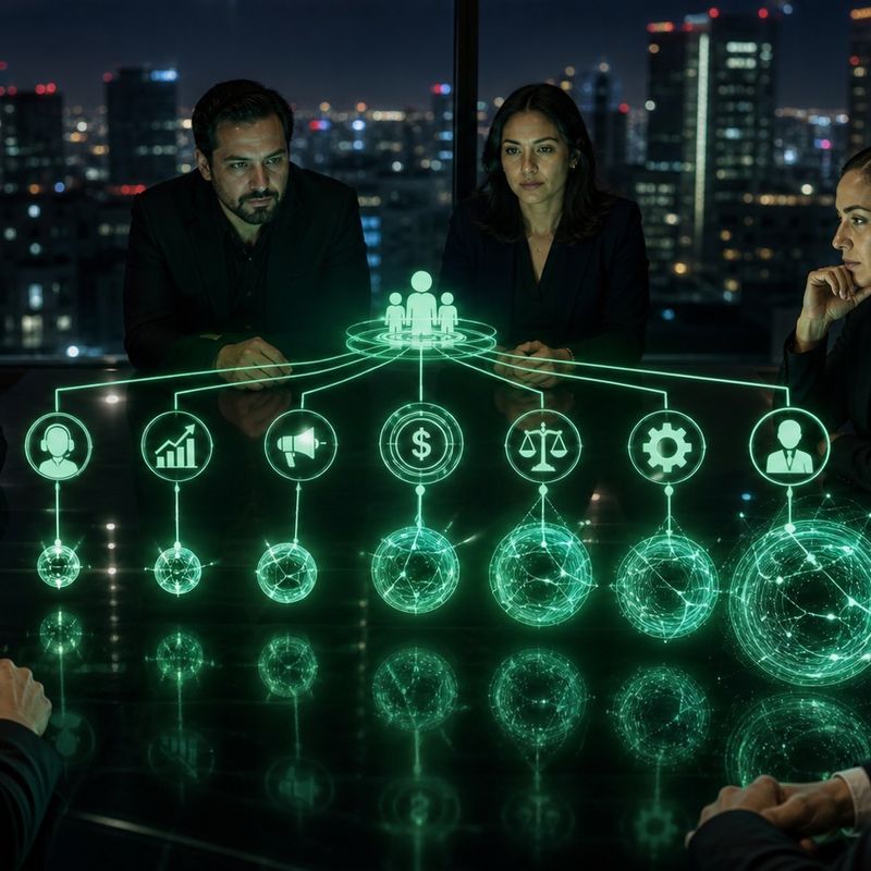 Organigrama holográfico de una empresa donde cada área se conecta con un modelo de inteligencia artificial distinto