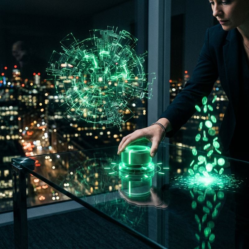 Perilla holográfica de niveles de esfuerzo controlando la intensidad de un modelo de inteligencia artificial en una oficina nocturna
