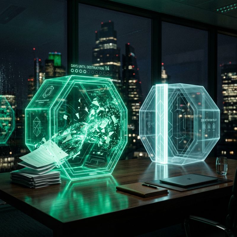Documentos empresariales protegidos por una bóveda holográfica con un contador de días sobre un escritorio corporativo nocturno