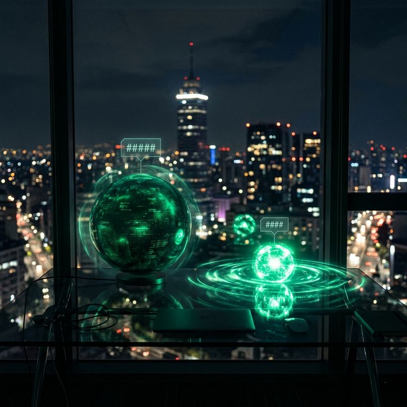 Dos orbes de inteligencia artificial enfrentados, uno más grande y otro más brillante y compacto, sobre un escritorio corporativo nocturno