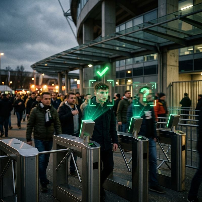 Acceso a un estadio con reconocimiento facial y biometría marcando rostros con retículas de luz