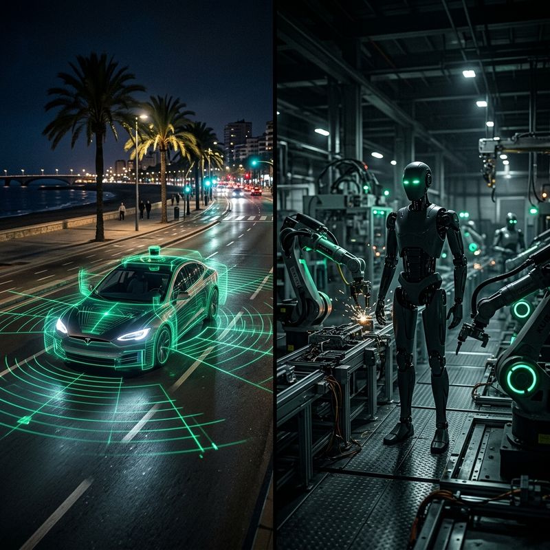 Robotaxi autónomo circulando de noche junto a un robot humanoide en una línea de producción