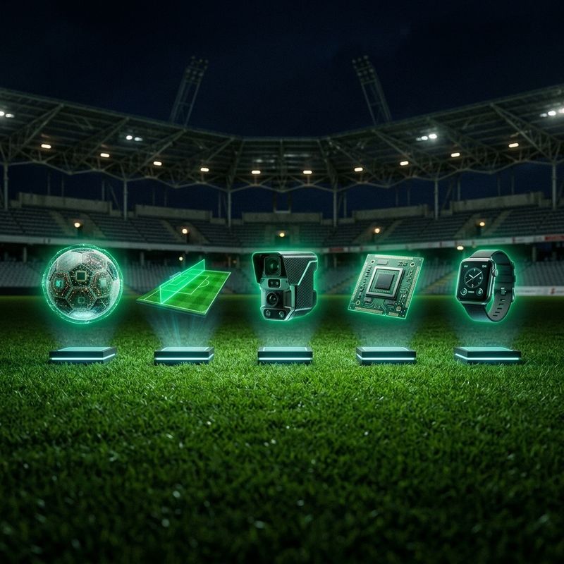 Colección de tecnologías del futbol moderno: balón conectado, línea semiautomática y sensores en cancha