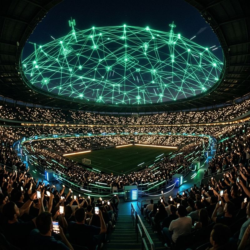 Estadio lleno conectado por antenas 5G y nodos de edge computing procesando datos en el lugar