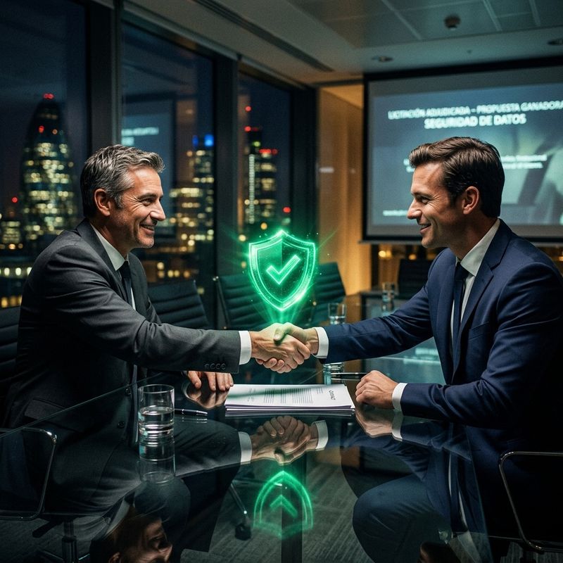 Apretón de manos de negocios cerrado gracias a un sello de empresa segura brillando sobre el contrato
