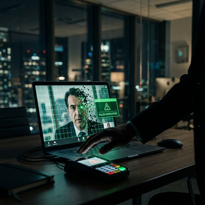 Videollamada con un rostro clonado por IA que se desenmascara en píxeles ante una verificación de seguridad