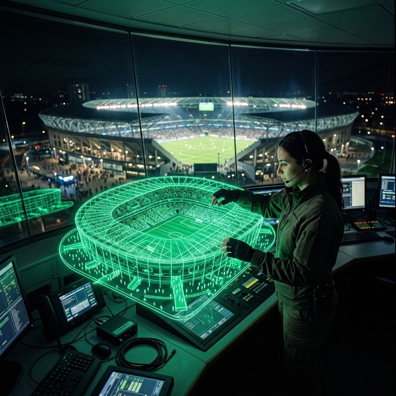 Gemelo digital holográfico de un estadio simulando multitudes y energía junto a su versión real