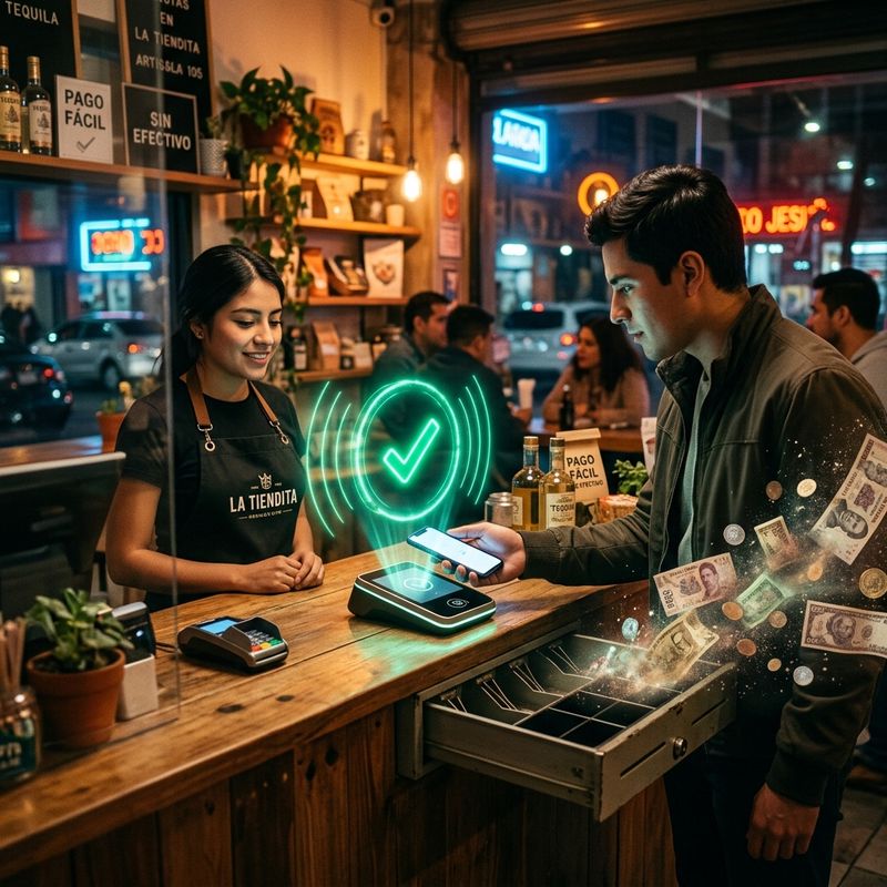 Cliente pagando sin efectivo con el teléfono en un negocio mexicano modernizado