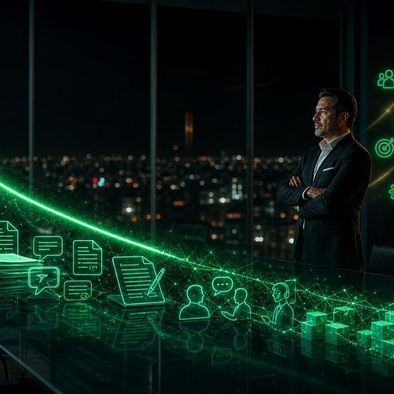 Gráfica descendente de costos de inteligencia artificial proyectada sobre una mesa de juntas en una oficina nocturna
