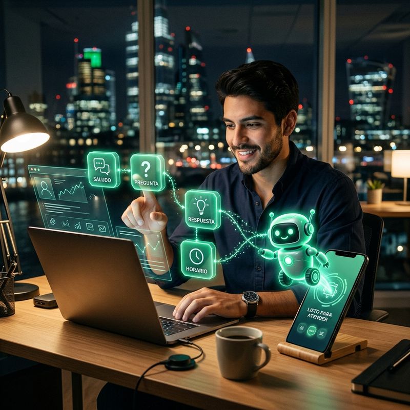 Emprendedor armando su primer chatbot con bloques visuales y conectándolo a su sitio y WhatsApp