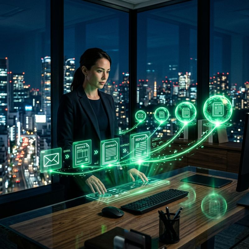 Tablero holográfico donde distintas tareas de una empresa se dirigen hacia modelos de inteligencia artificial de distinto tamaño